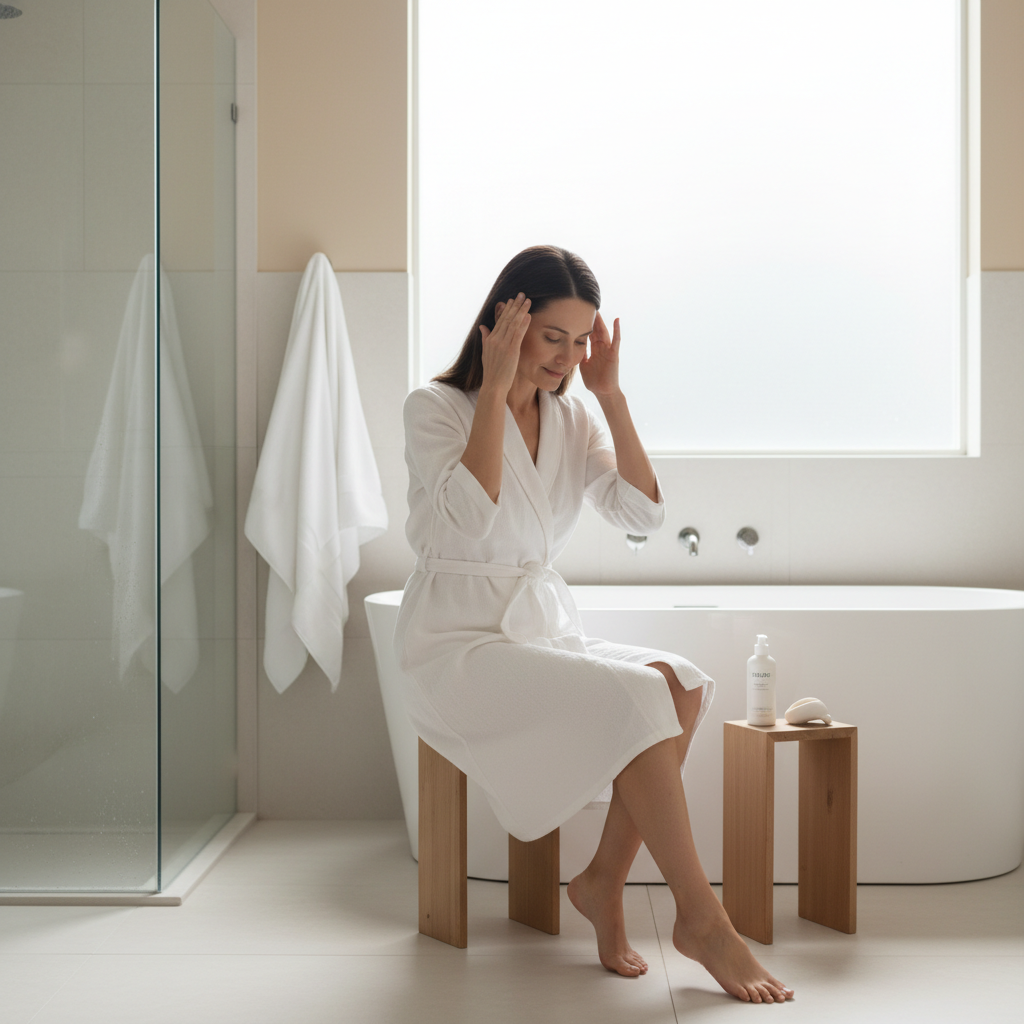 這張圖片展示一位女性穿著浴袍,坐在浴室的木凳上,正在進行頭皮護理。她將手放在頭上,似乎在享受頭皮按摩,旁邊有一瓶護膚品,場景明亮且寧靜,適合放鬆與護理。