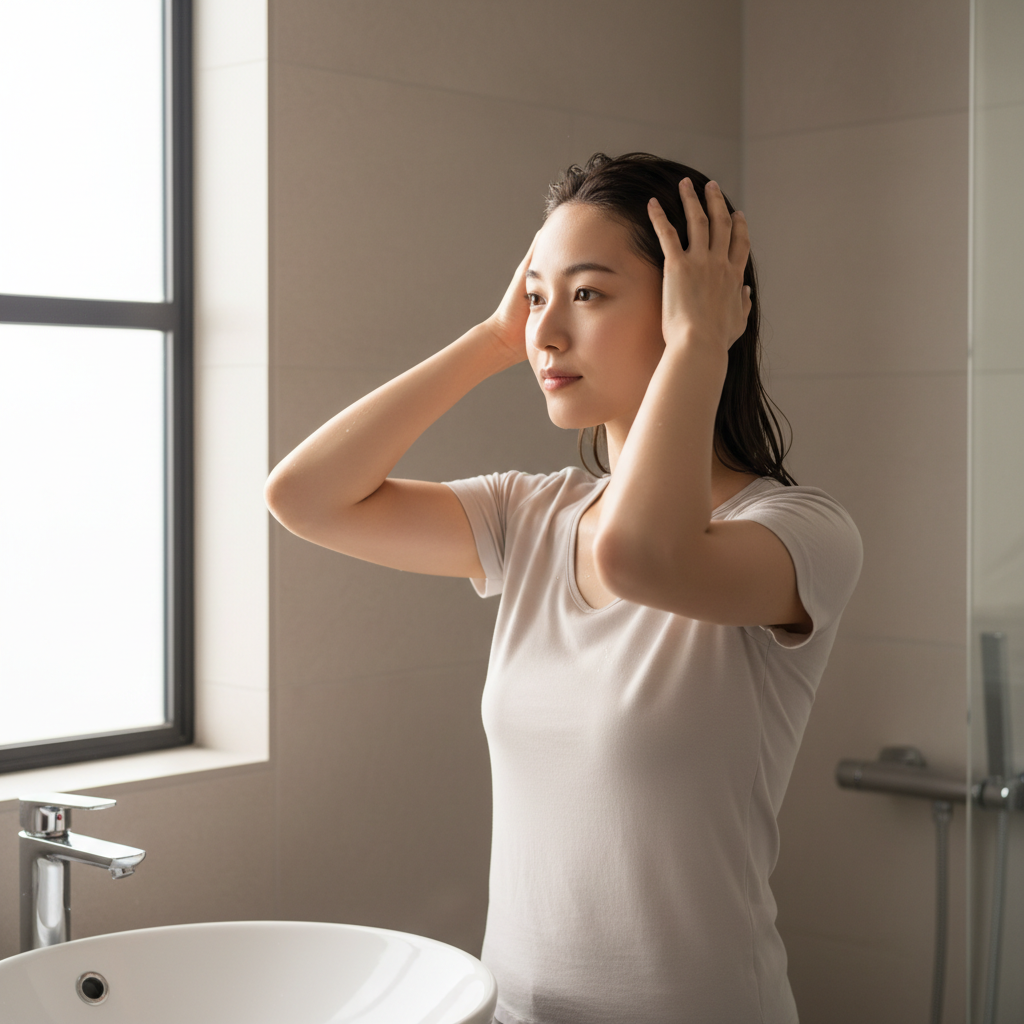 一名女性在浴室鏡子前進行頭皮護理，輕輕按摩自己的頭皮，準備清洗頭髮。她的動作強調了頭皮護理的重要性，透過正確的洗頭皮方式，促進健康的頭皮環境。