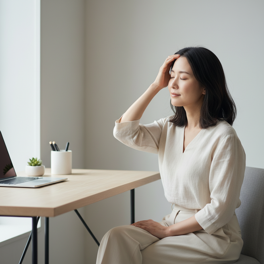 一位年輕女性坐在桌前,微微閉眼,手撫摸著自己的額頭,似乎在享受頭皮護理的一刻,桌上有筆記本電腦和綠色植物,營造出放鬆的氛圍。