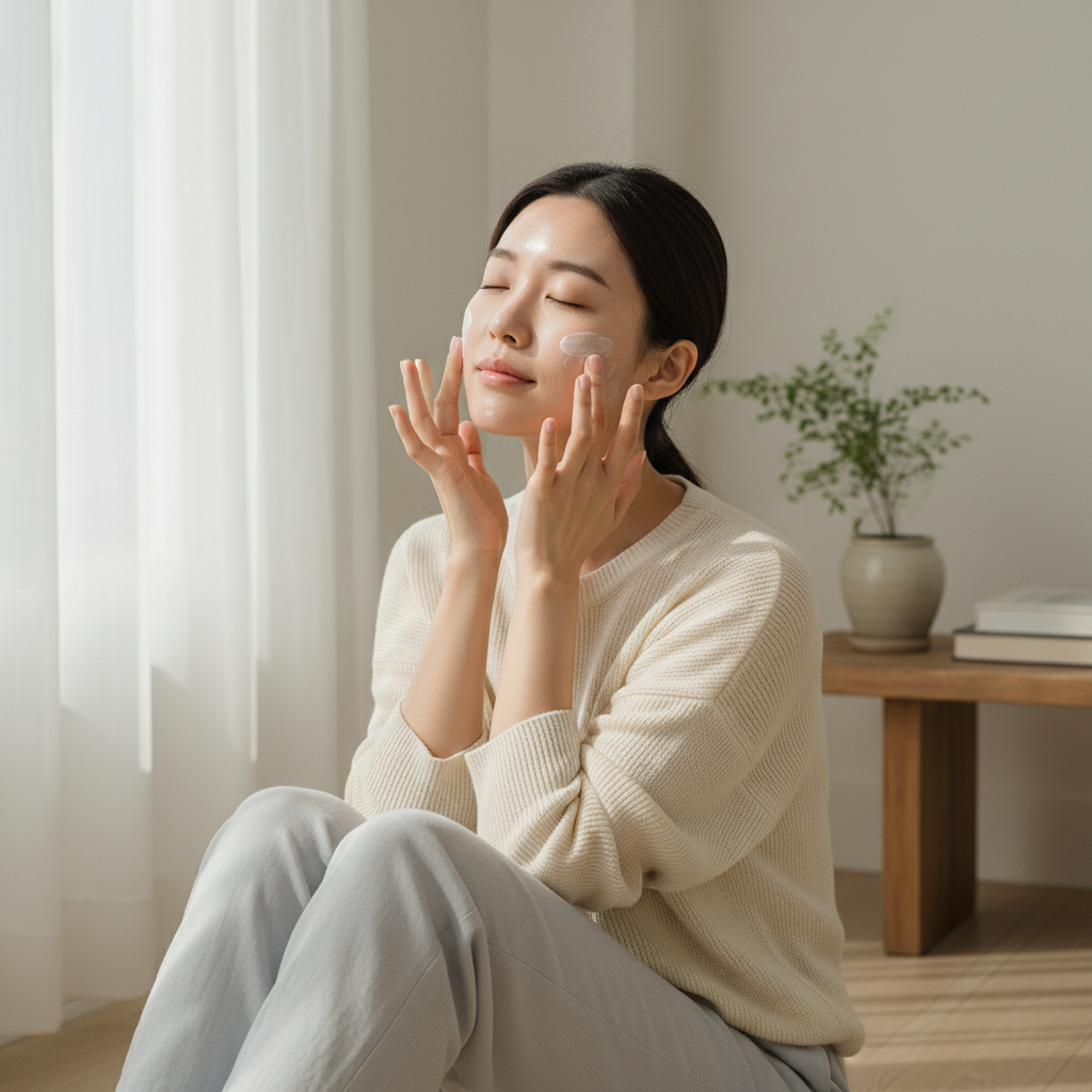 這張圖片展示了一位女性坐在明亮的房間中，輕柔地將護膚油塗抹在臉上，展現放鬆和專注的神情，適合推廣頭皮護理及護膚產品。