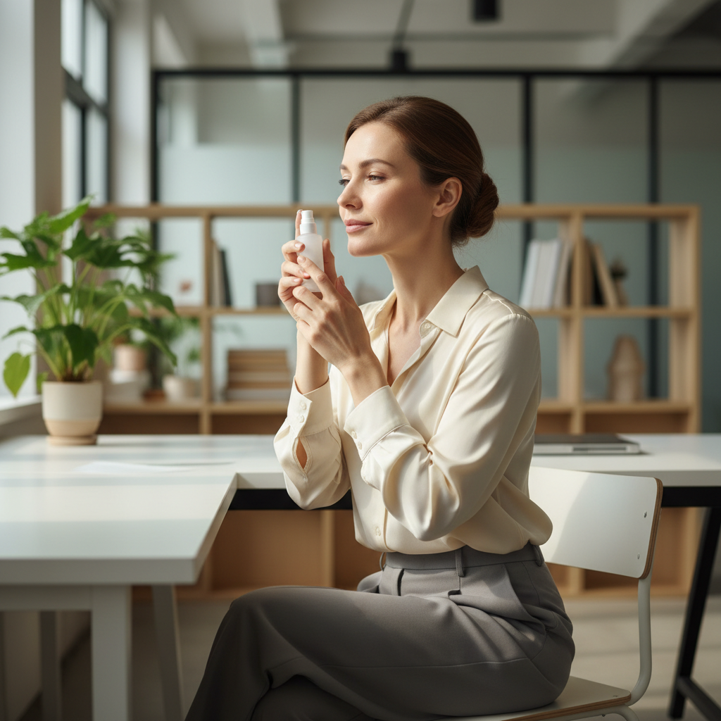 一位女性坐在明亮的辦公空間中，手中握著一瓶護膚油，臉上露出滿足的笑容，展現專注於護膚的日常，正準備進行頭皮護理。