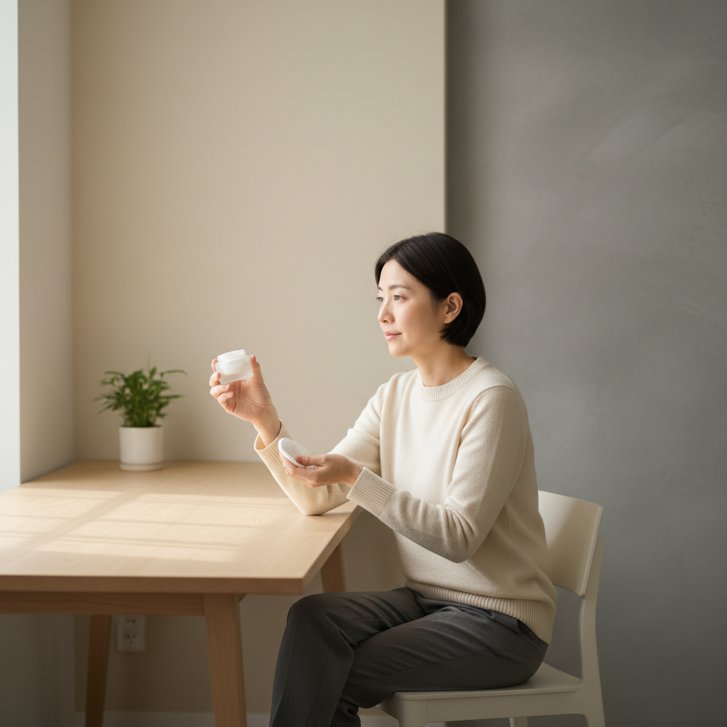 女性於日常環境中聚精會神觀察護膚品，側重於肌膚保養細節與選擇