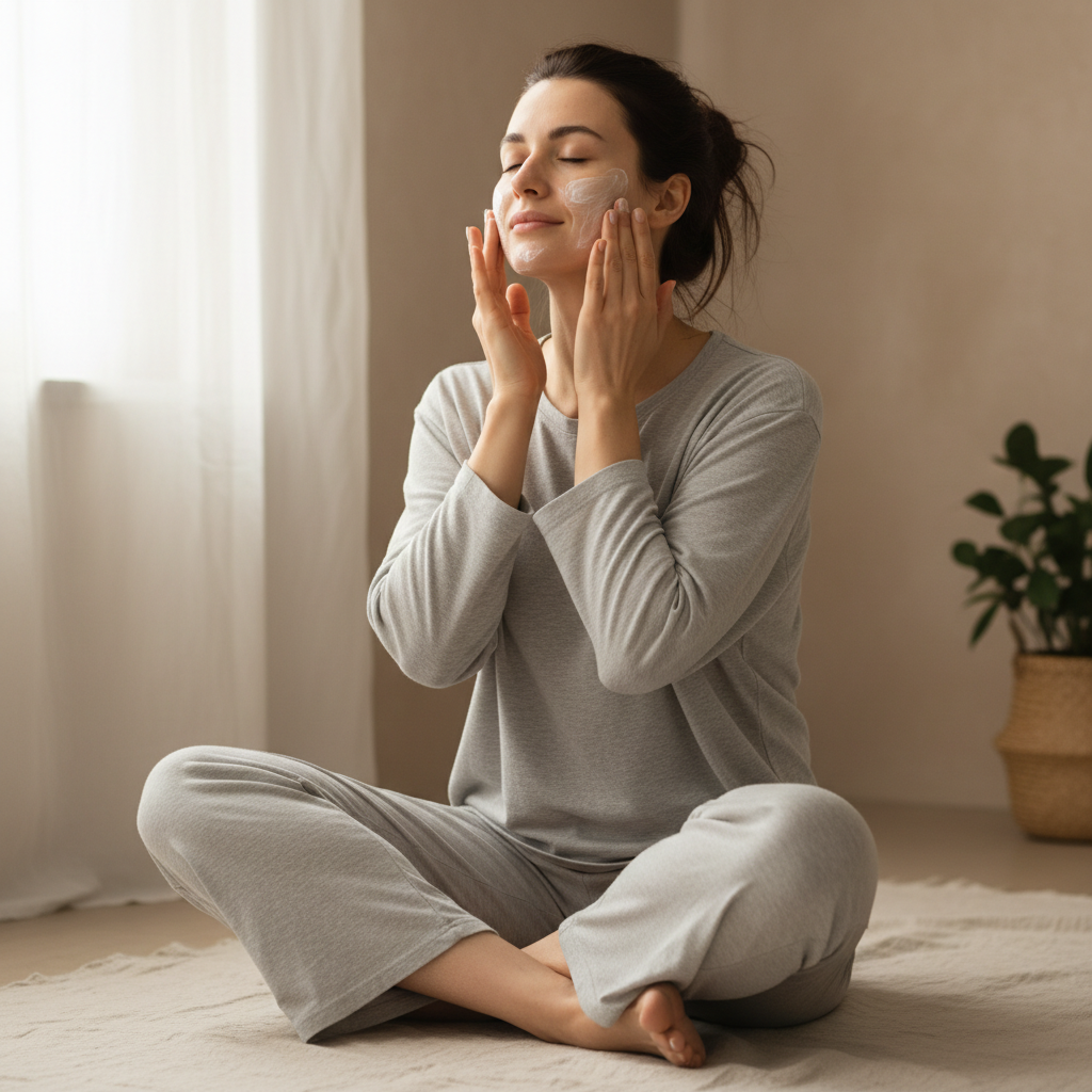 女性夜間塗抹保濕乳液，專心進行術後肌膚修復