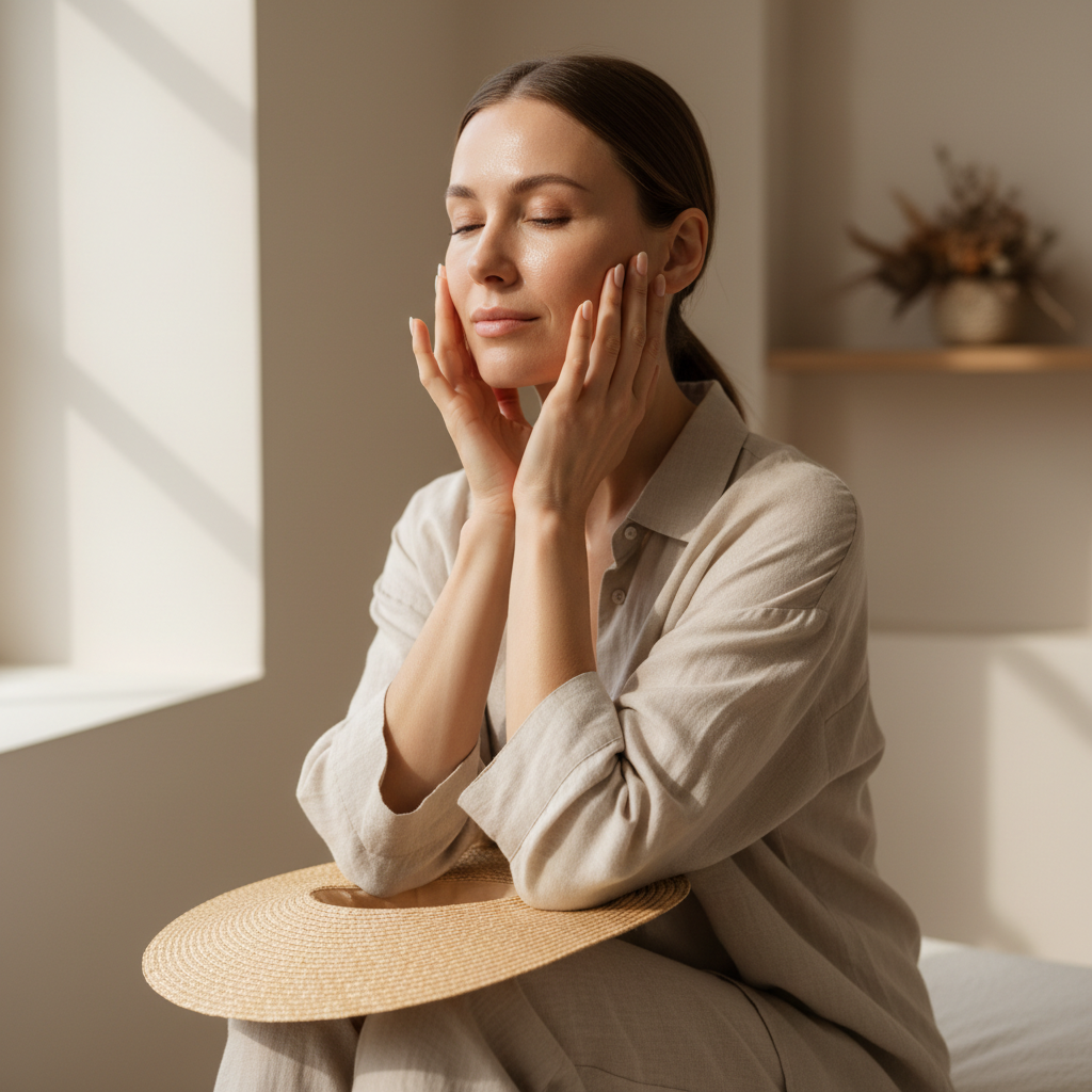 一名女性在明亮的室內環境中專注進行臉部護膚，雙手輕輕按壓面部，展現出頭皮護理的重要性。她穿著舒適的淺色服裝，坐在窗邊，享受放鬆的護膚時光，從而提升頭皮與肌膚的健康。
