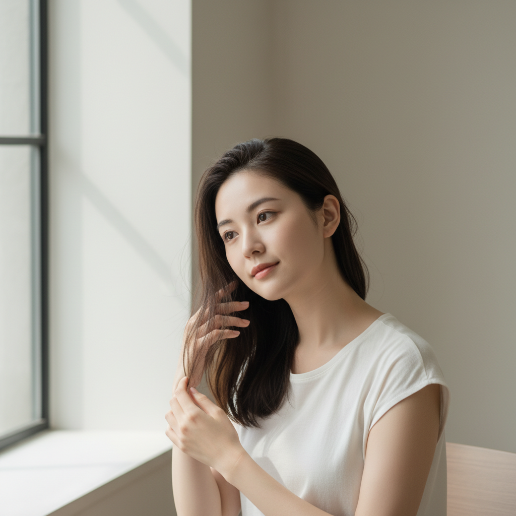 這張圖片展示了一位年輕女性坐在明亮的窗邊，輕輕撫摸著自己的頭髮，展現出對頭皮護理的重視，背景柔和自然，營造了一種舒適的氛圍，適合做頭皮護理或頭皮 spa 的時刻。
