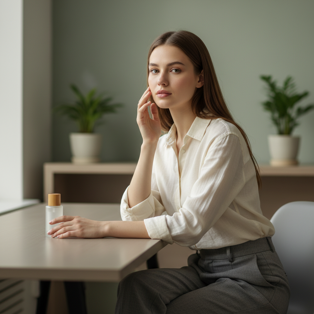 一位年輕女性坐在桌子旁，手輕觸臉頰，面前擺放著護膚油，背景有綠色植物，展現頭皮護理和護膚的重要性。