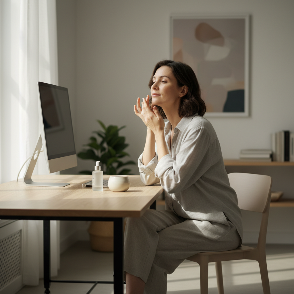 一位女性坐在桌前，專注地使用護膚品，背景中有桌上的護膚油、陶碗及電腦，展現舒適的頭皮護理氣氛。