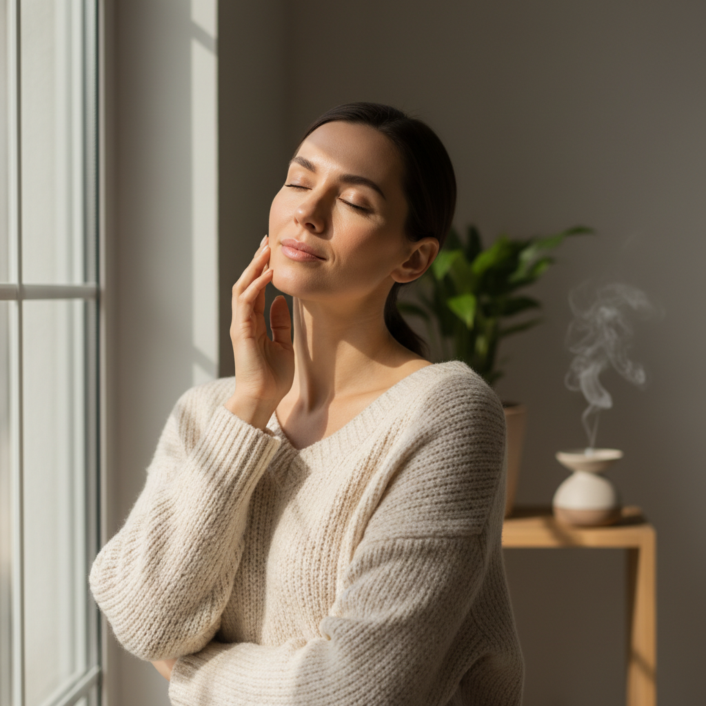 一位女性正專注享受護膚時光，她在柔和的光線下輕撫著臉頰，表現出放鬆的神情，背景中有一盆綠色植物和冒著煙的香氛爐，呈現出一種舒緩的頭皮護理氛圍。