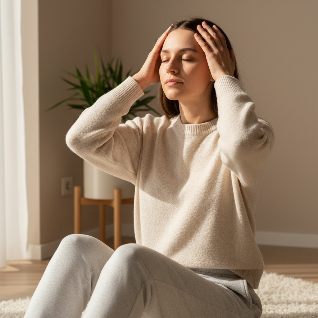 一位年輕女性坐在舒適的室內環境中，輕輕撫摸自己的頭皮，享受放鬆的頭皮護理時刻，背景中可以看到綠色植物，展現自然療癒感，室內光線柔和，適合進行頭皮 SPA。