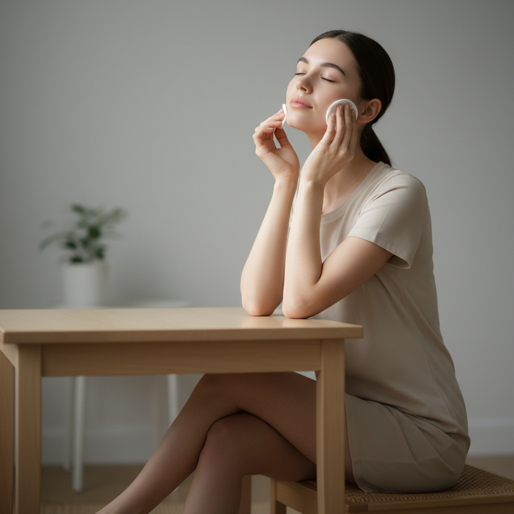 這張圖片顯示了一位年輕女性正坐在桌旁，輕柔地用化妝棉清潔臉部，表情放鬆且愉悅，呈現出護膚過程中的安心氛圍。圖片中的簡約背景搭配植物裝飾，讓整體場景更為療癒，鮮明突顯了頭皮和肌膚護理的重要性。
