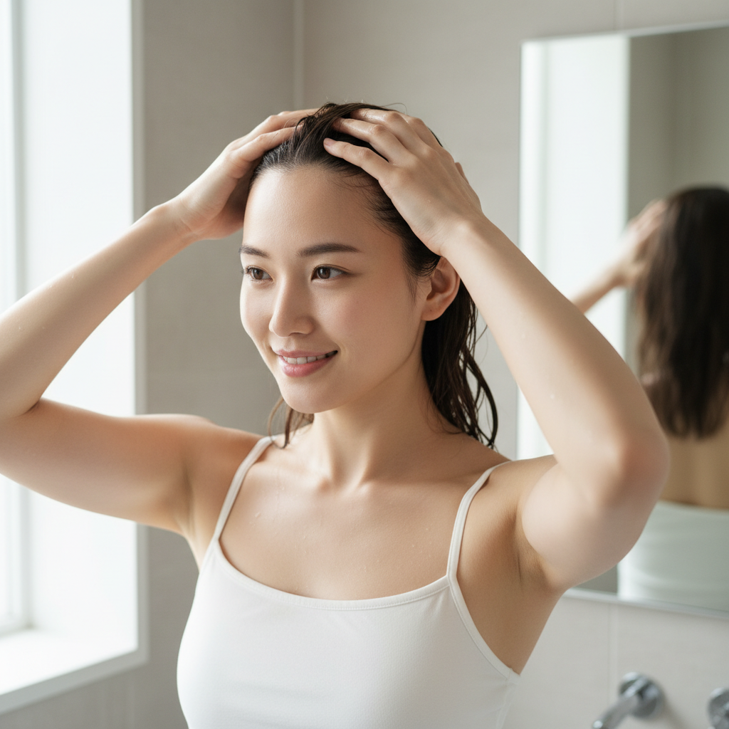 圖片中，一位年輕女性在浴室內仔細進行頭皮護理，輕柔地用手指按摩她的頭皮，表情愉悅，展示出洗髮精的使用效果，特別強調頭皮護理的重要性。