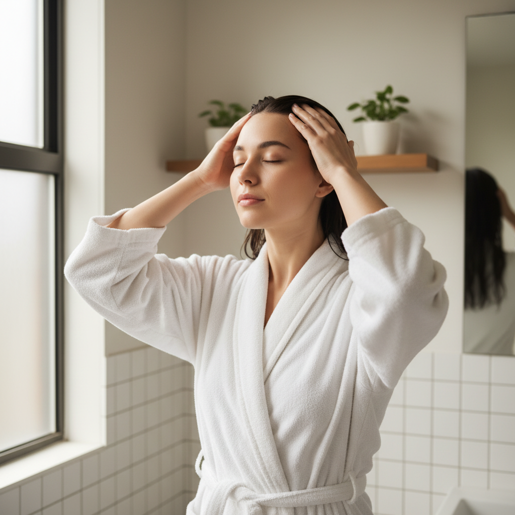 這張圖片展示了一位女性正在家中浴室進行頭皮護理，她輕輕按摩自己的頭皮，享受頭皮spa的放鬆感，周圍環境清新而寧靜，展現了護膚與頭皮養護結合的美好時刻。
