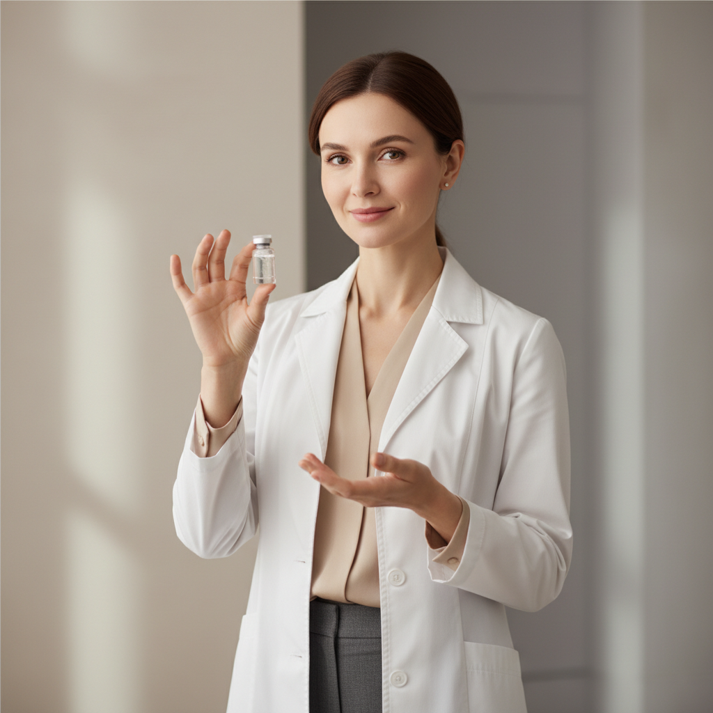 這張圖片展示了一位醫生穿著白色外套，手中拿著一瓶頭皮護理產品，臉上帶著微笑，傳遞出專業與信任，適合讓人了解頭皮護理的重要性。