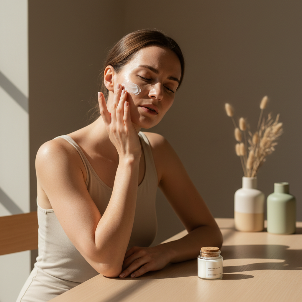 女性在自然光下塗抹護膚霜，展現專注且放鬆的表情，桌上有裝飾花瓶與護膚產品，強調護膚的重要性，適合喜愛护肤的人士。