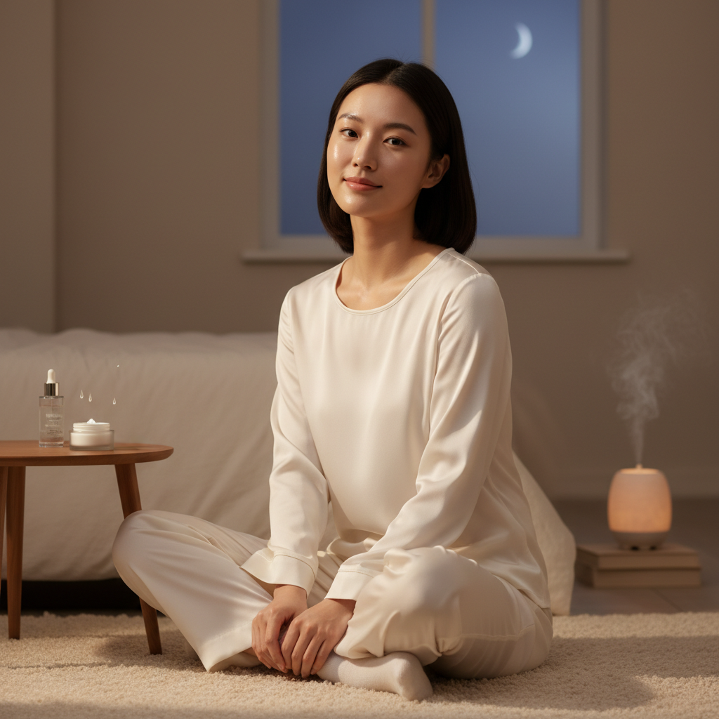 這張圖片展示一位女性坐在家中,正在進行夜間護膚與頭皮保養,周圍擺設著各種護膚產品,燈光溫暖恬靜,強調夜間護膚對維持頭皮與肌膚健康的重要性。