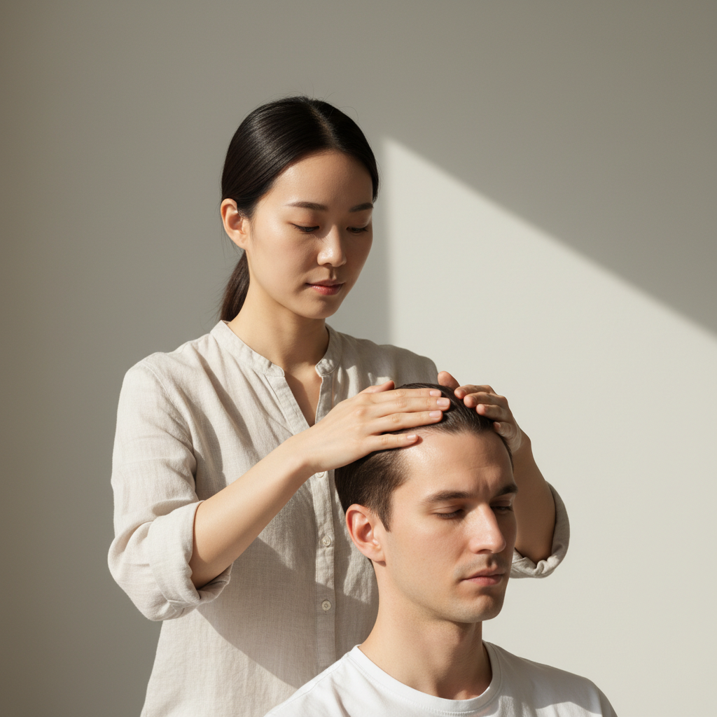 一位女性正在為男性進行頭皮護理，手輕柔地按摩他的頭皮，背景明亮簡約，散發著放鬆氛圍，這是頭皮護理的一部分。