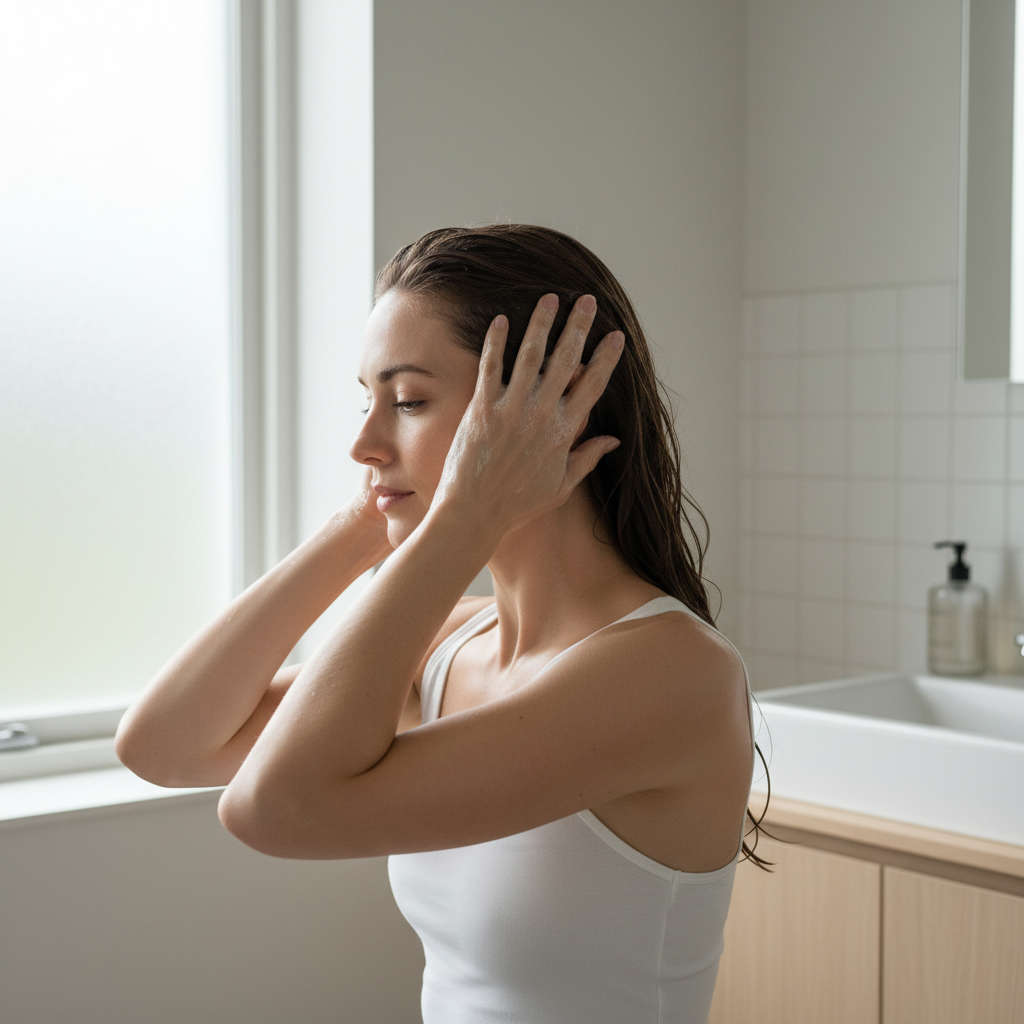 一名女性正在浴室裡專注地清洗頭皮，雙手輕柔地按摩洗髮精，展現出頭皮護理的重要性，周圍環境簡約現代，適合進行頭皮養護。