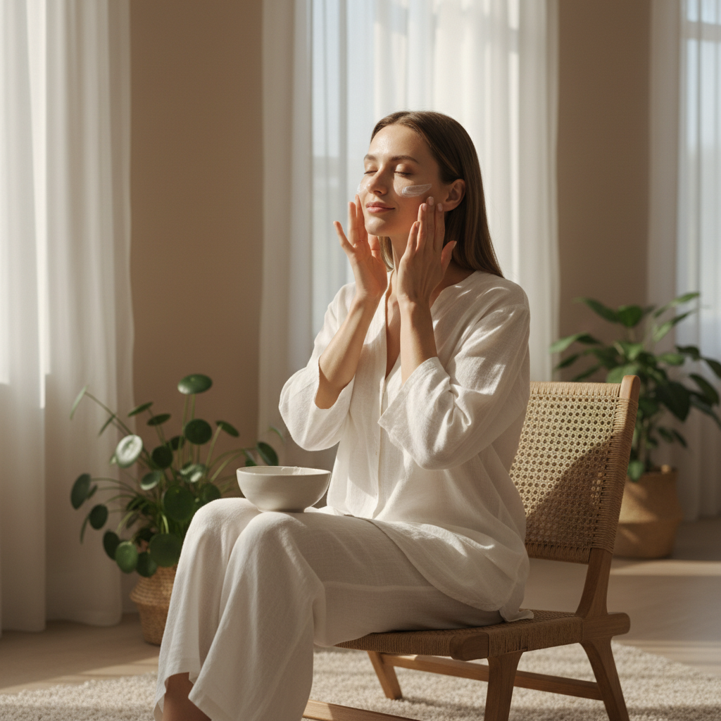 一位年輕女性坐在椅子上，專注地在她的臉上塗抹護膚油，周圍環境明亮優雅，展現出自然的護膚氛圍。