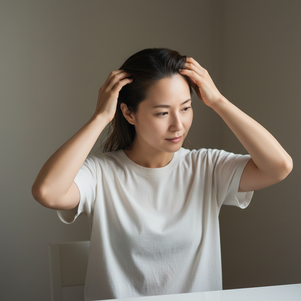 一位女性正在洗頭皮，她用手指輕柔地按摩自己的頭皮，展現出專注的表情，充分體驗頭皮護理的放鬆效果。