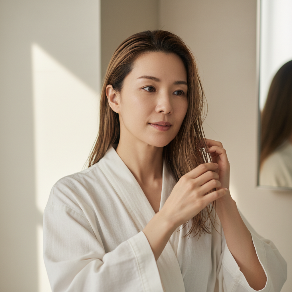 這張圖片展示了一位女性在光線柔和的浴室裡，穿著白色浴袍，正專注於使用護膚油進行頭皮護理，強調頭皮護理和美容護膚的重要性。