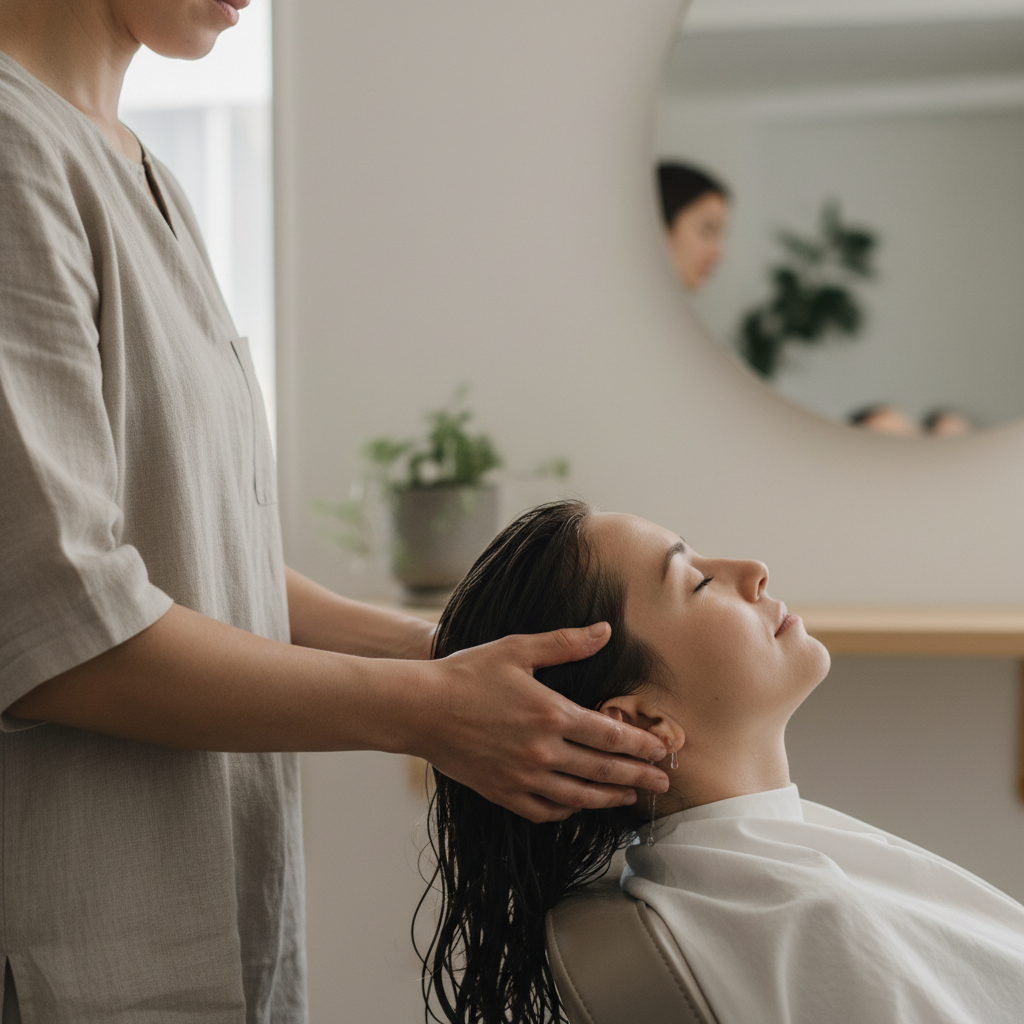 圖片展示一位美容師正在為顧客進行頭皮護理的 SPA 當中，顧客放鬆地坐在椅子上，享受頭皮按摩。這個護理過程不僅能舒緩壓力，也有助於促進頭皮健康。
