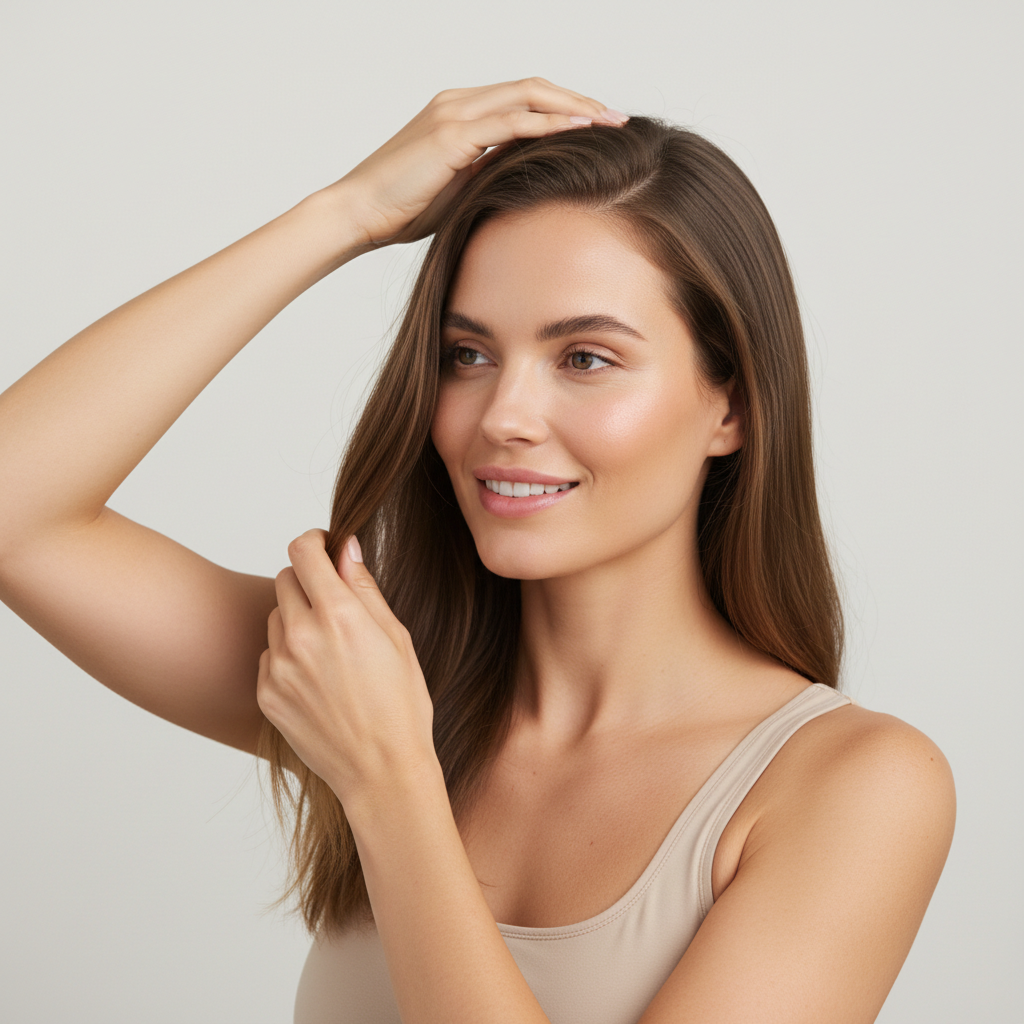 這張圖片展示一位女性正在進行頭皮護理，輕柔地撫摸自己的頭髮，展現出健康光澤的肌膚，強調頭皮護理對於肌膚保養的重要性。