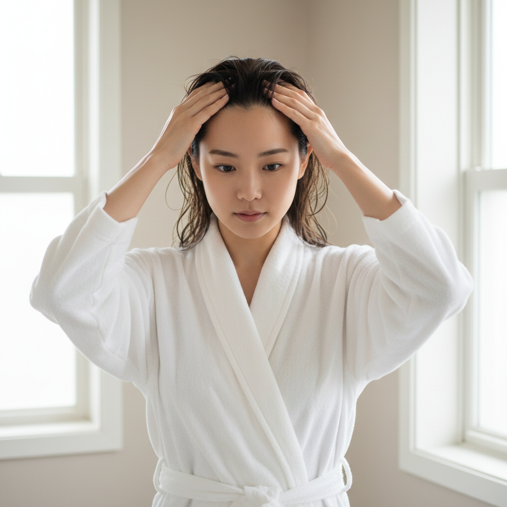 這張圖片展示一位穿著浴袍的女性，坐在明亮的房間內，雙手輕柔地按摩自己的頭皮，重點在於頭皮護理的過程，正進行頭皮養護，展示出洗頭皮的放鬆氛圍，非常適合進行頭皮spa。