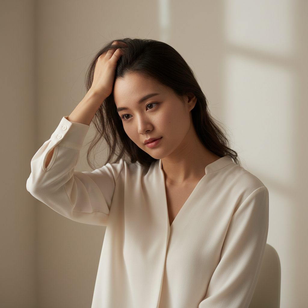 這張圖片展示了一位年輕女性在寧靜的室內環境中，正輕柔地撫摸自己的頭皮，似乎在進行頭皮護理的步驟，強調了頭皮護理的重要性。