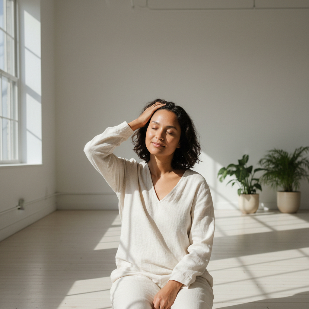 這張圖片展示一位女性在明亮的室內環境中，輕輕撫摸著頭皮，表情放鬆，顯示出享受頭皮護理的過程。室內擺設簡約，周圍有幾盆綠色植物，為這個頭皮護理的時刻增添自然氣息。