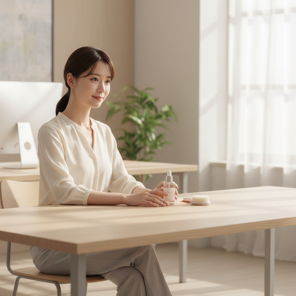 圖片中，一位穿著淺色襯衫的女性坐在桌子旁，她的手中握著一瓶頭皮護理產品，桌上還擺放著護膚油和按摩刷。環境明亮且舒適，適合進行頭皮護理與美容護膚。