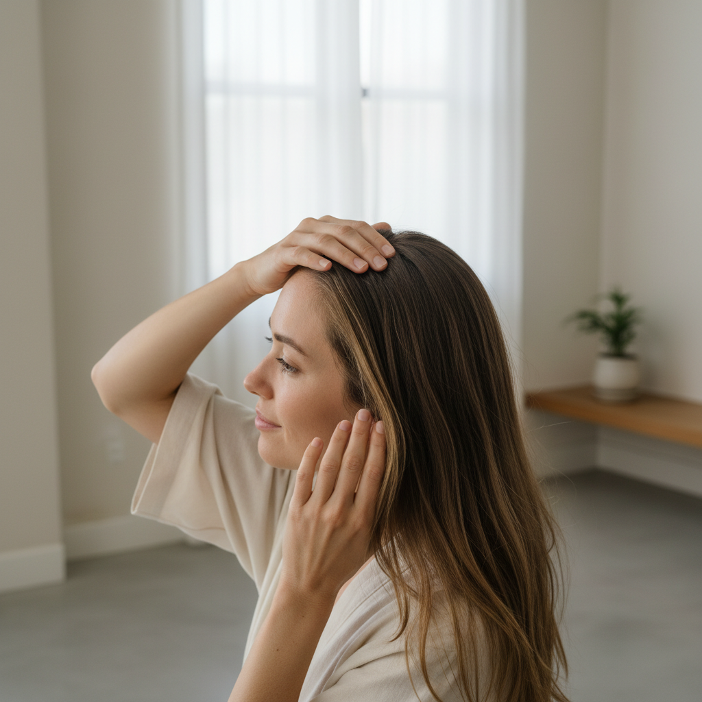這張圖片顯示一位女性正在享受頭皮護理，她輕柔地用手指按壓頭皮，臉上洋溢著放鬆的表情，周圍環境明亮舒適，非常適合進行頭皮養護。