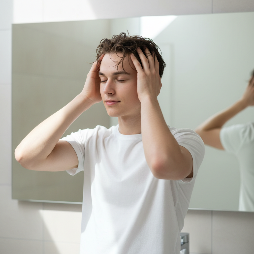 這張圖片展示了一位年輕男子在浴室內使用洗髮精時，雙手輕輕按摩頭皮，顯示出頭皮護理的重要性，包含了頭皮的清潔與舒適感。