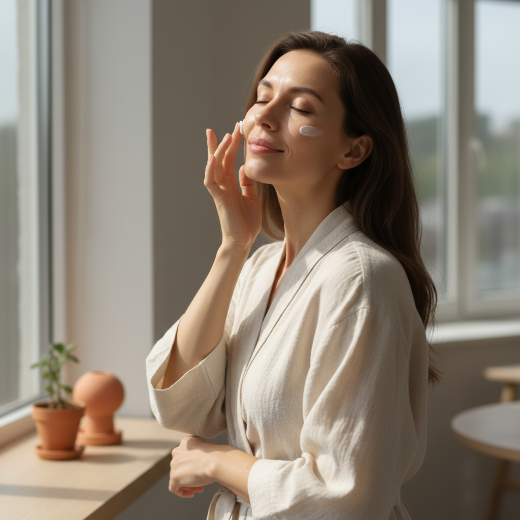 這位女性正在進行護膚步驟，面帶輕鬆微笑，將護膚品輕柔地塗抹在臉上，享受自我護理的時光，促進肌膚保養。