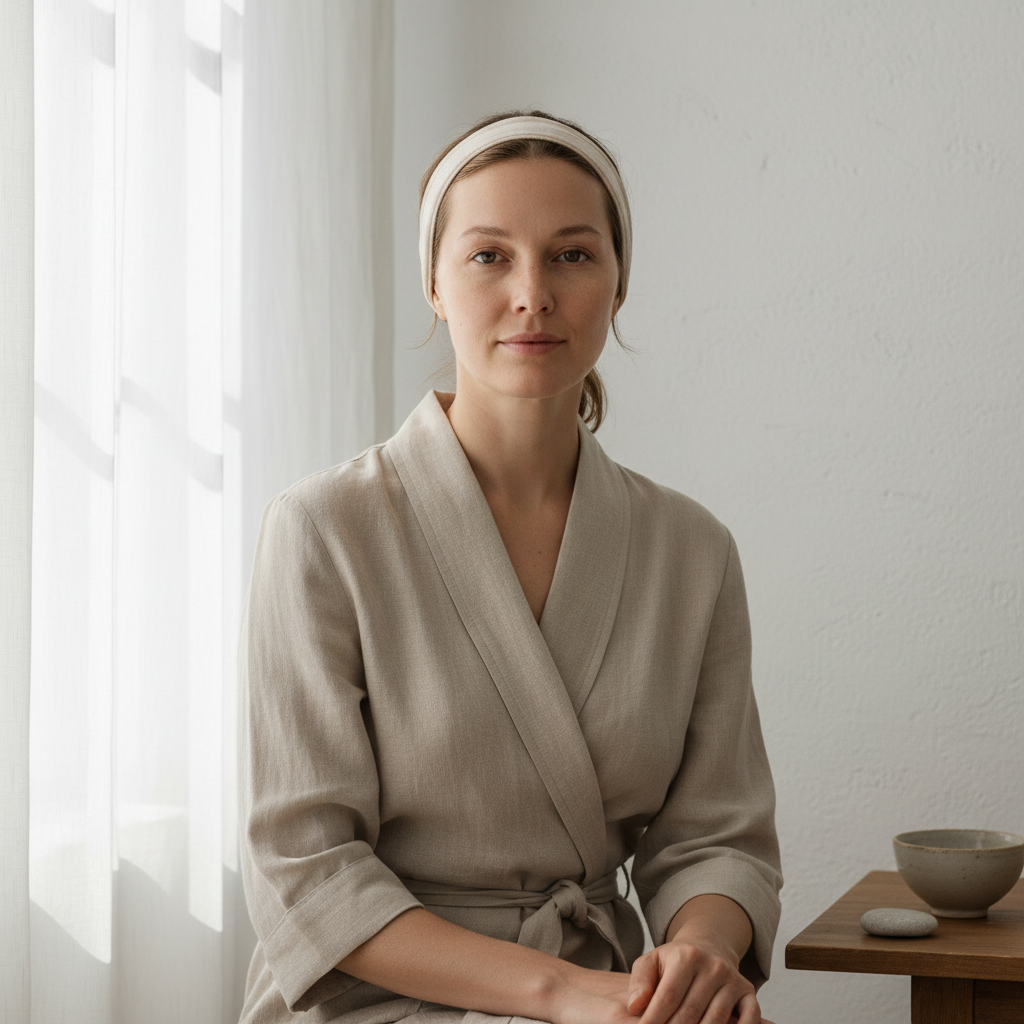一位穿著淺色袍子的女性坐在明亮的房間內，臉上展現著放鬆與自在的神情，適合頭皮護理與頭皮spa的氛圍，讓人聯想到頭皮養護的重要性。