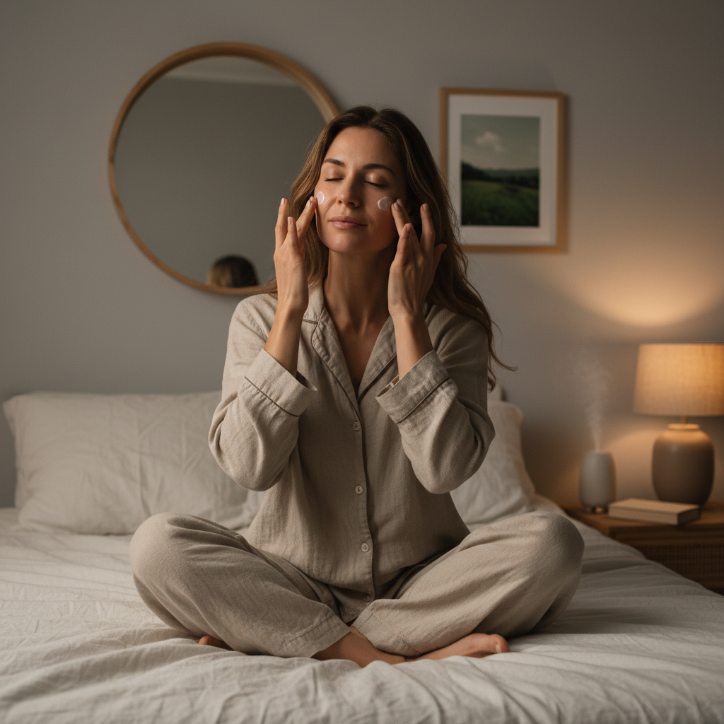一位女性在睡房的床上，穿著輕便的睡衣，愉悅地進行臉部護膚，她的雙手在臉上輕柔地塗抹護膚品，旁邊的燈光柔和，營造出放鬆的氛圍，彰顯頭皮護理與肌膚保養的完美結合。