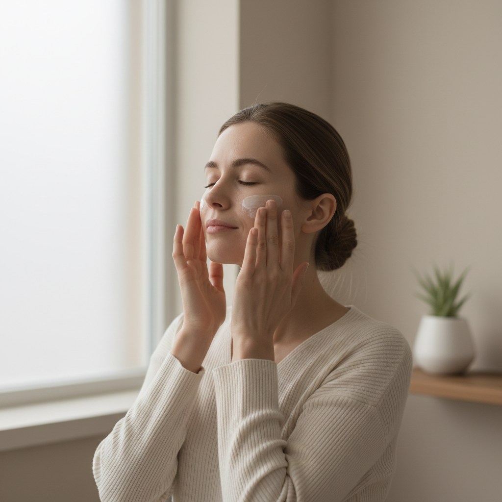 一位年輕女性正在進行護膚流程，雙手輕輕按摩著臉部，使用護膚油或護膚膏，展現出專注和放鬆的神情，背景乾淨且明亮，顯示出舒適的護膚環境。
