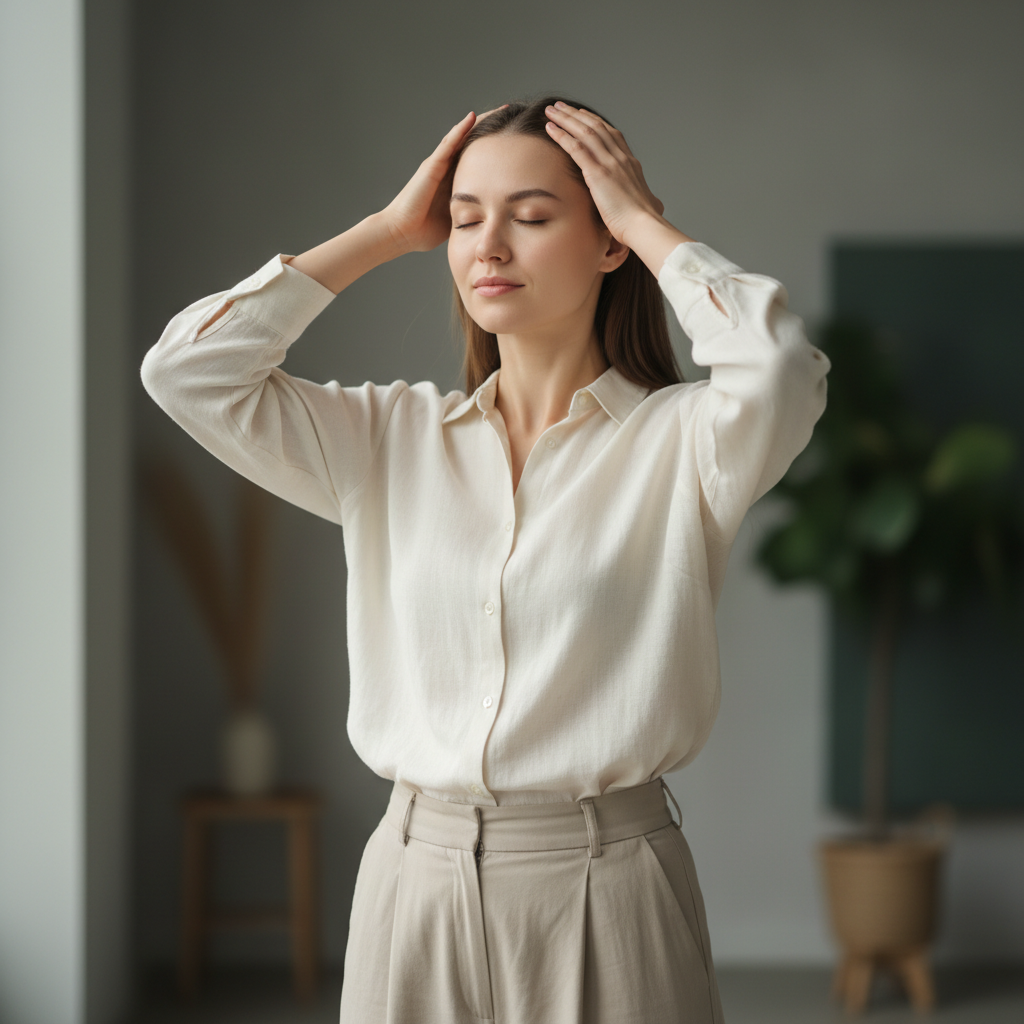 一位女性輕柔地按摩自己的頭皮，展現出放鬆與享受的表情，背景是柔和的室內環境，這樣的頭皮護理動作有助於緩解壓力，提升頭皮健康。