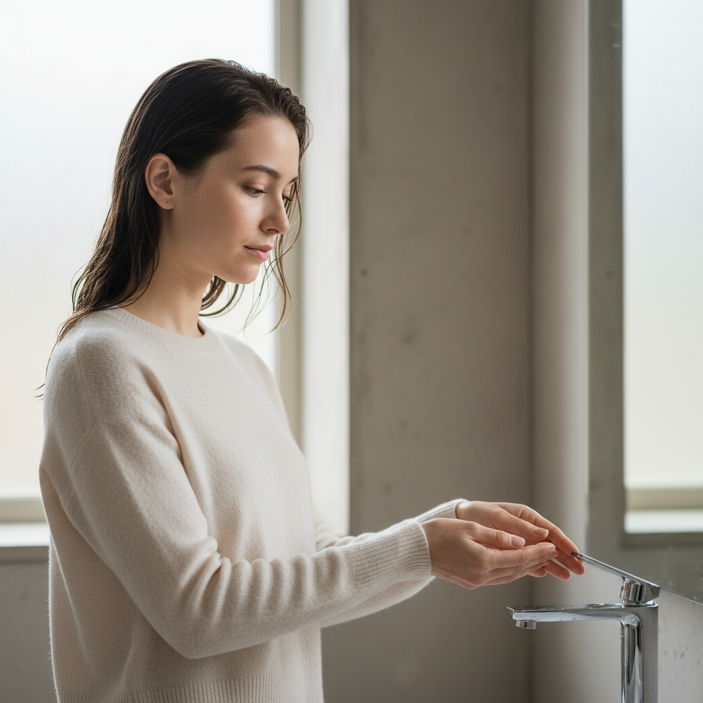 一位女性在洗手間裡專注地洗頭皮，展現出頭皮護理的重要性，她的頭髮微微濕潤，顯示出日常護膚和頭皮護理的連結。