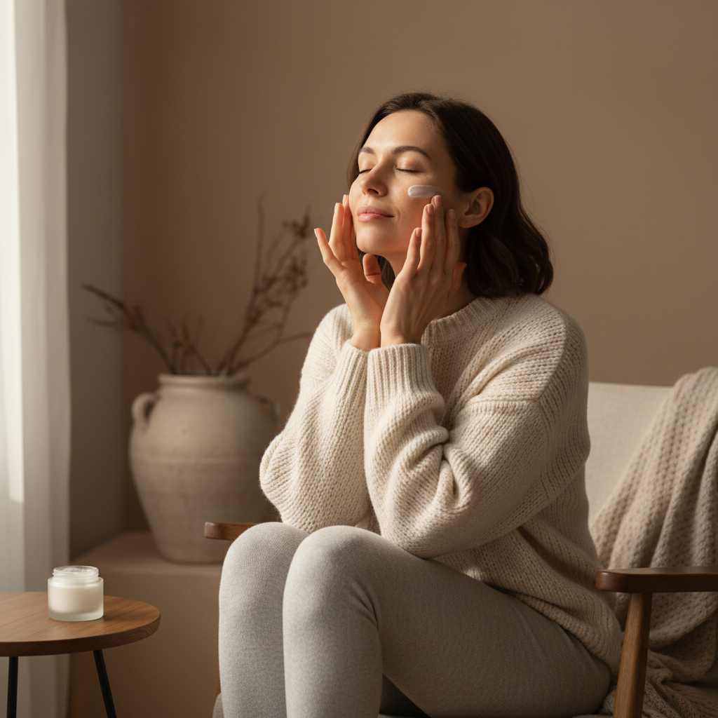 一位女性坐在舒適的椅子上，正專注地將護膚油塗抹在臉上，周圍環境明亮且寧靜，裝飾有擺設和柔和的色調，展示出輕鬆的護膚過程。