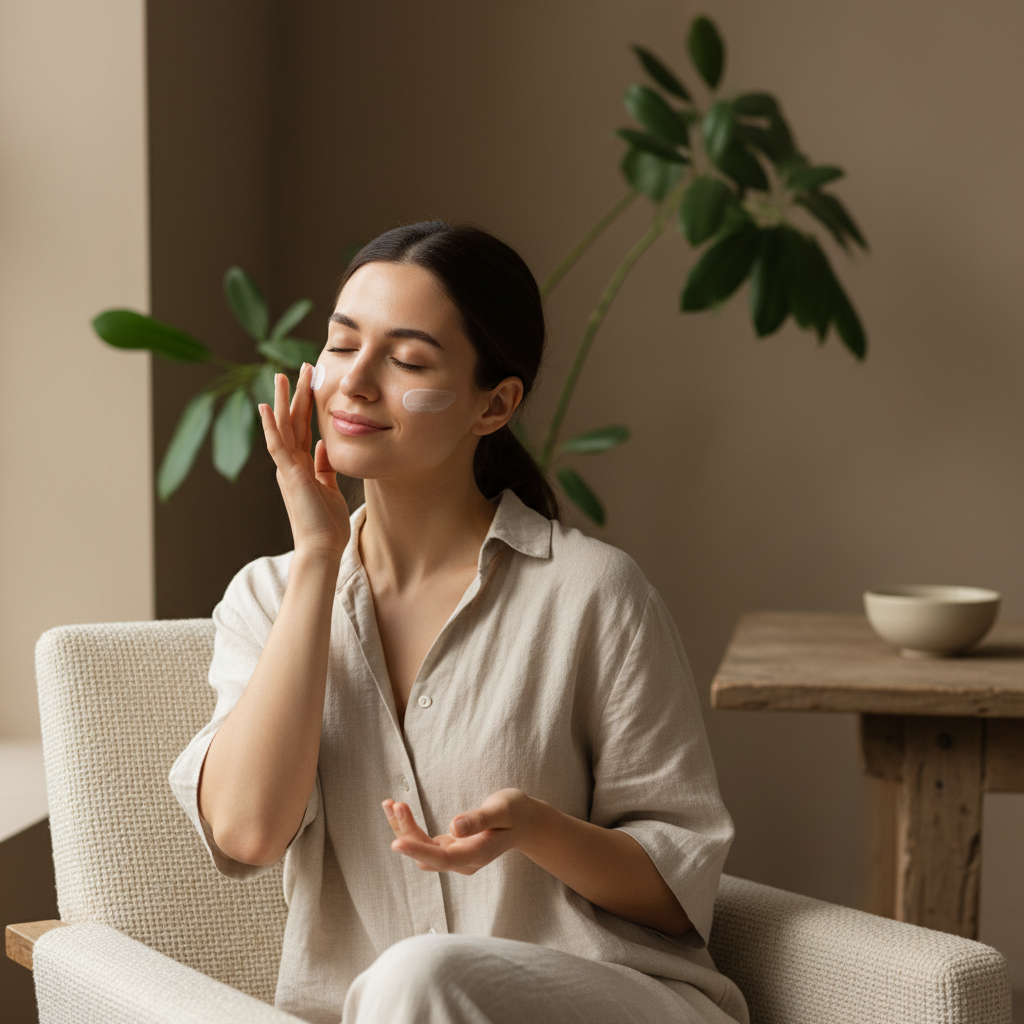 一位年輕女性坐在舒適的沙發上，正在臉部塗抹護膚品，臉上露出輕鬆的微笑，旁邊擺放著一碗清淡的護膚油，背景有著綠色植物，營造出自然的護膚氛圍。