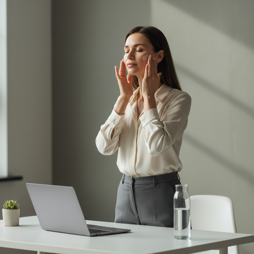 一名女性在明亮的辦公室內，輕柔地為臉部塗抹護膚品，展現她專注的護膚過程，桌上有一台筆記型電腦和一瓶水，明亮的光線透過窗戶照射進來。