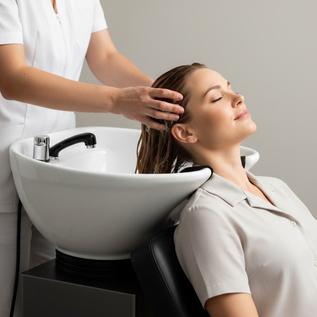 一位女性在專業髮型師的幫助下，享受頭皮護理。在洗髮器上，她的頭髮輕輕地被清洗，臉上洋溢著放鬆的笑容，這是一種頭皮養護的高品質體驗。
