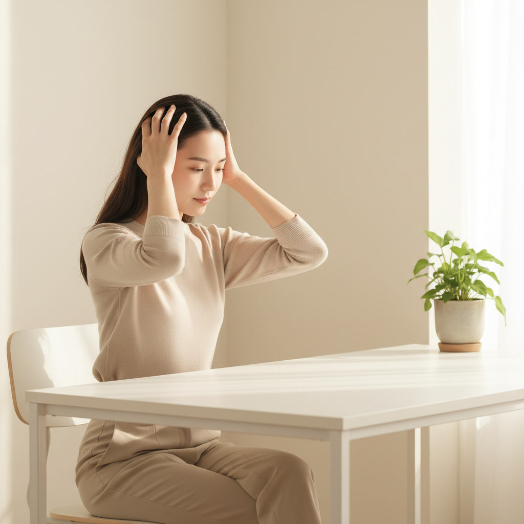 一位女性坐在桌子旁，雙手撫摸著頭皮，似乎在享受頭皮護理的時光，桌上有一盆綠色植物，展現舒適的護膚環境，適合放鬆及頭皮SPA。