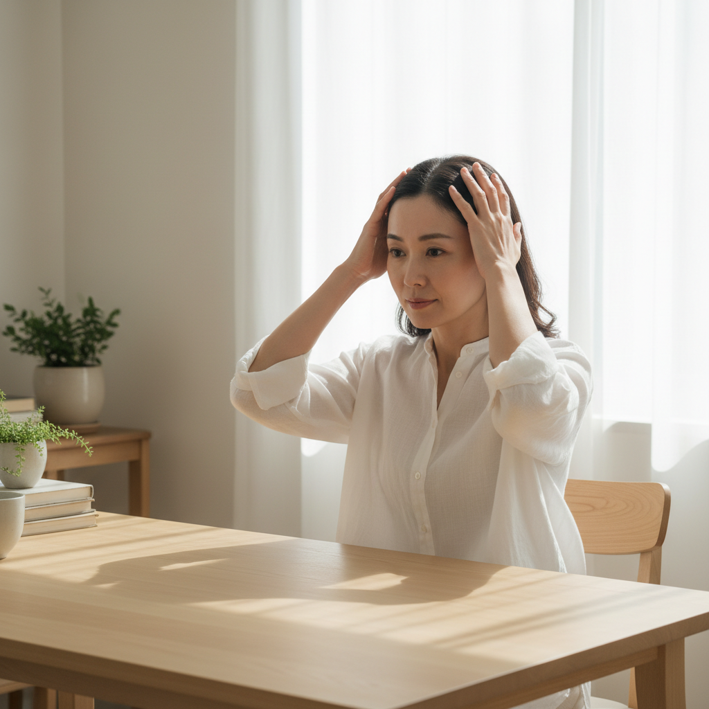 這張圖片展示一位女性正在家中輕柔地進行頭皮護理，自我按摩頭皮，展現出放鬆的神情，背景明亮且簡約，非常適合進行頭皮養護及頭皮 spa。