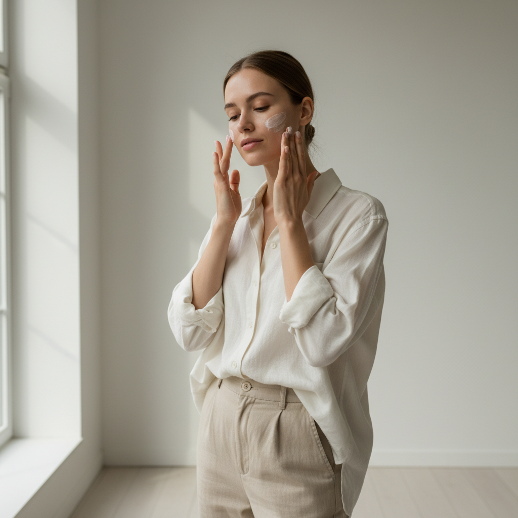 一位年輕女性在明亮的室內環境中輕柔地將護膚品塗抹在臉部，表情專注，展示了頭皮護理的關聯與護膚的重要性。