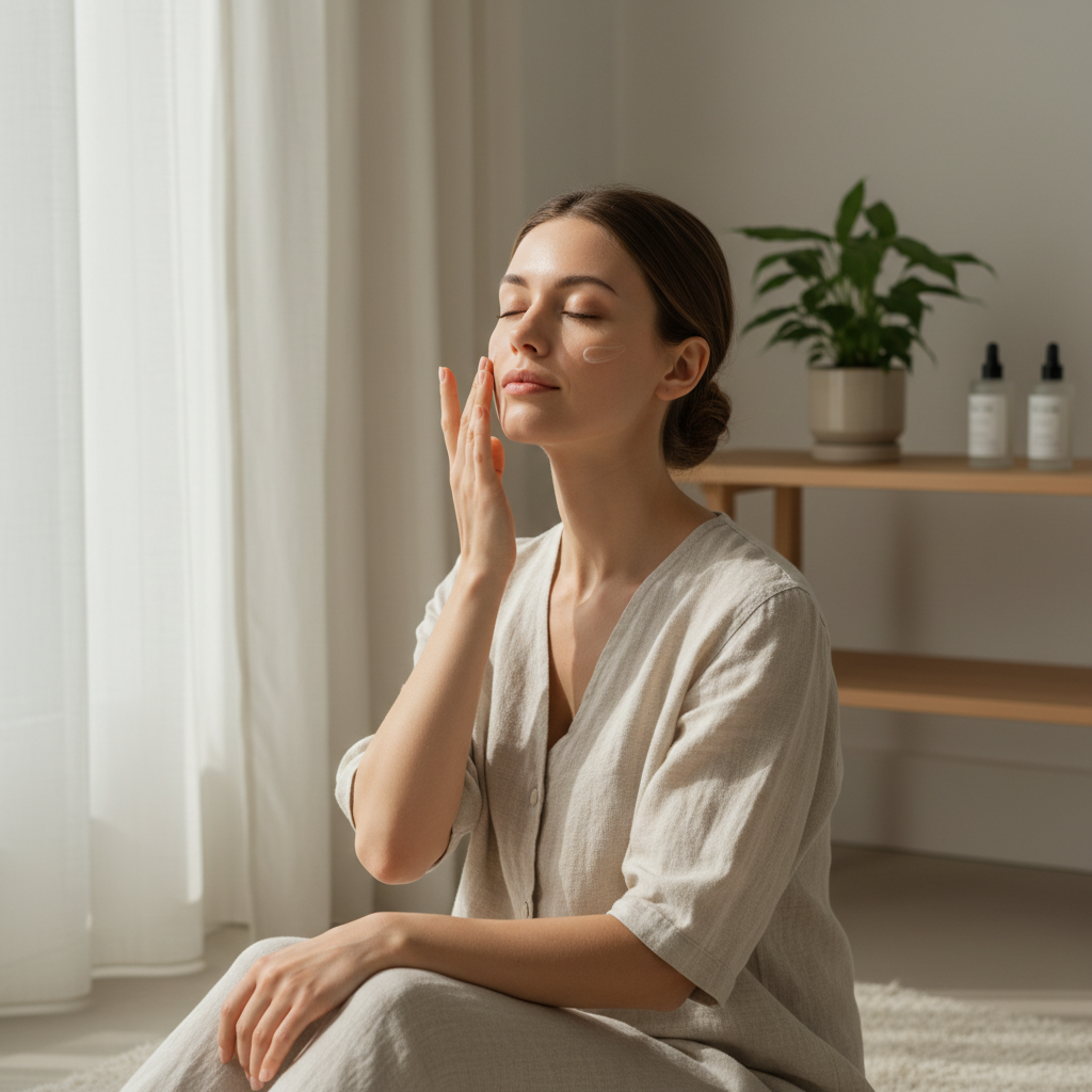 一位女性在舒適的室內環境中進行護膚，輕輕塗抹護膚品，肌膚看起來格外清透，周圍擺放著護膚產品，顯示出對肌膚的關注和護理，展現出天然護膚的美好氛圍。