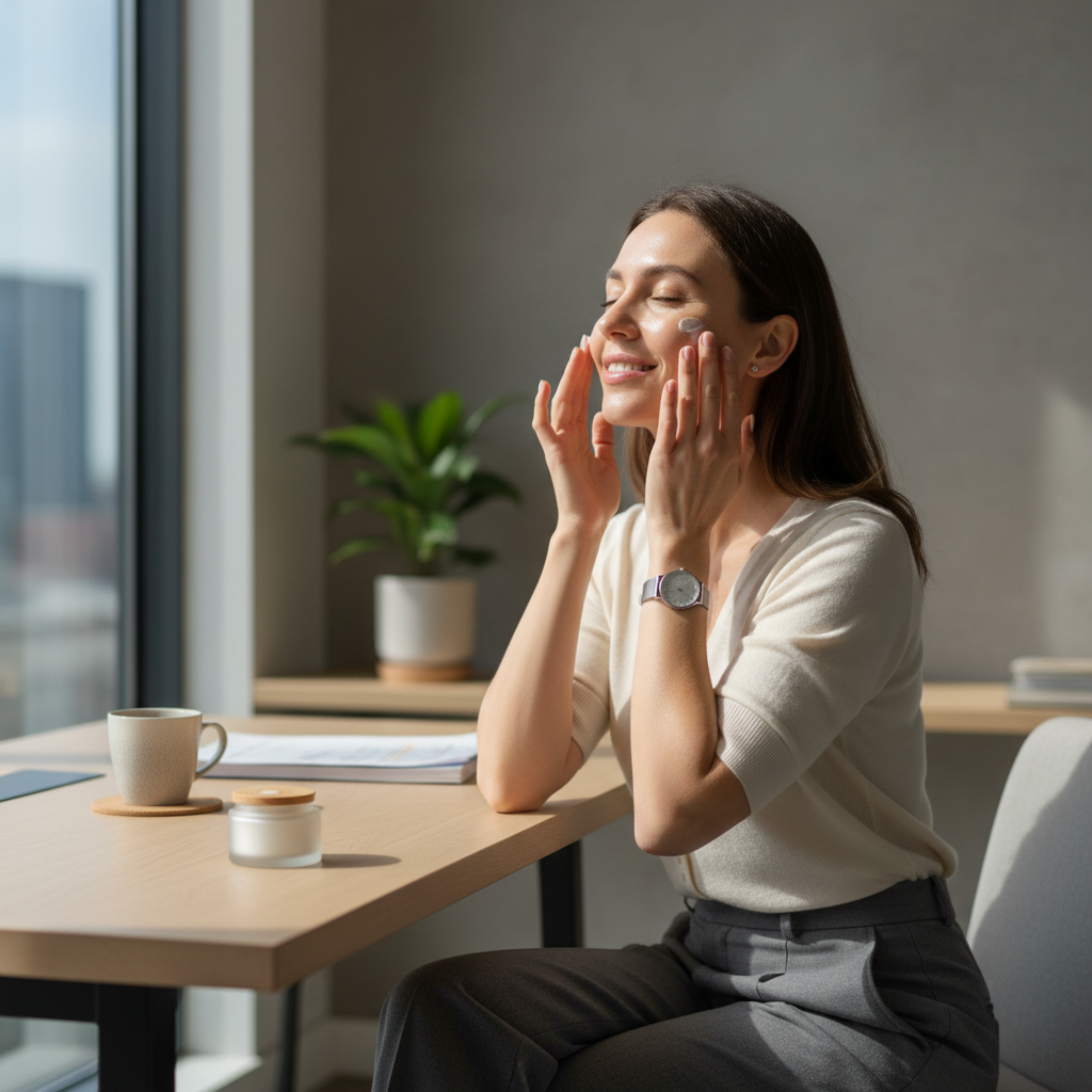 一位女性坐在辦公桌前，微笑著用雙手輕輕按摩臉部，似乎正在享受護膚油的滋潤，桌上有一杯咖啡和護膚品，背景是一扇窗戶，讓自然光灑入，營造出放鬆的氛圍，展現頭皮和臉部護理的日常。