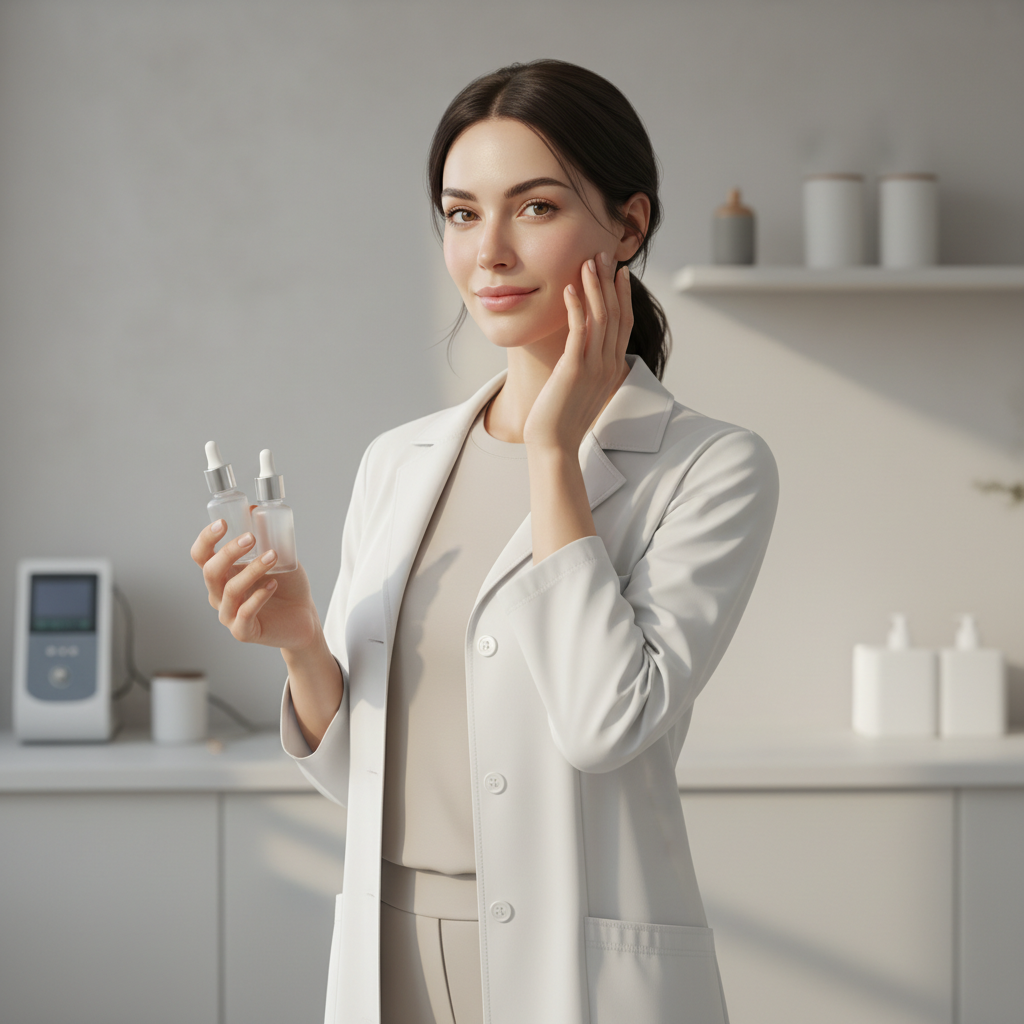 圖片中一位年輕女性穿著白色醫療服，手中各持一瓶護膚油，面帶微笑，正輕輕撫摸自己的臉頰，背景是簡約風格的護膚品陳列，展現了頭皮護理與護膚的專業氛圍。
