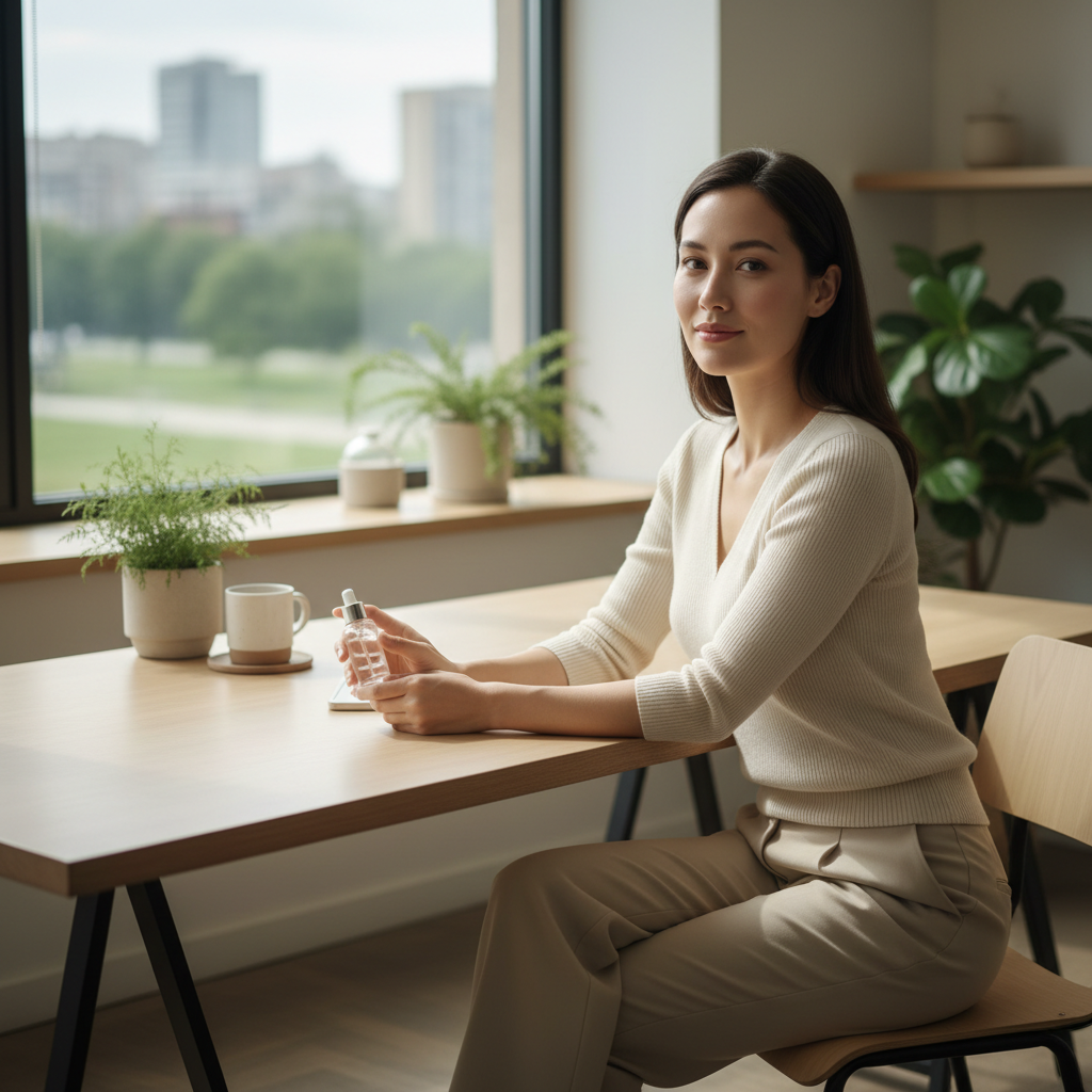 圖片中，一位女性坐在窗邊的木桌前，手中拿著一瓶護膚油，肉色的毛衣搭配淺色長褲，窗外綠蔭環繞，整體環境清新自然，適合進行頭皮護理與護膚的放鬆時光。