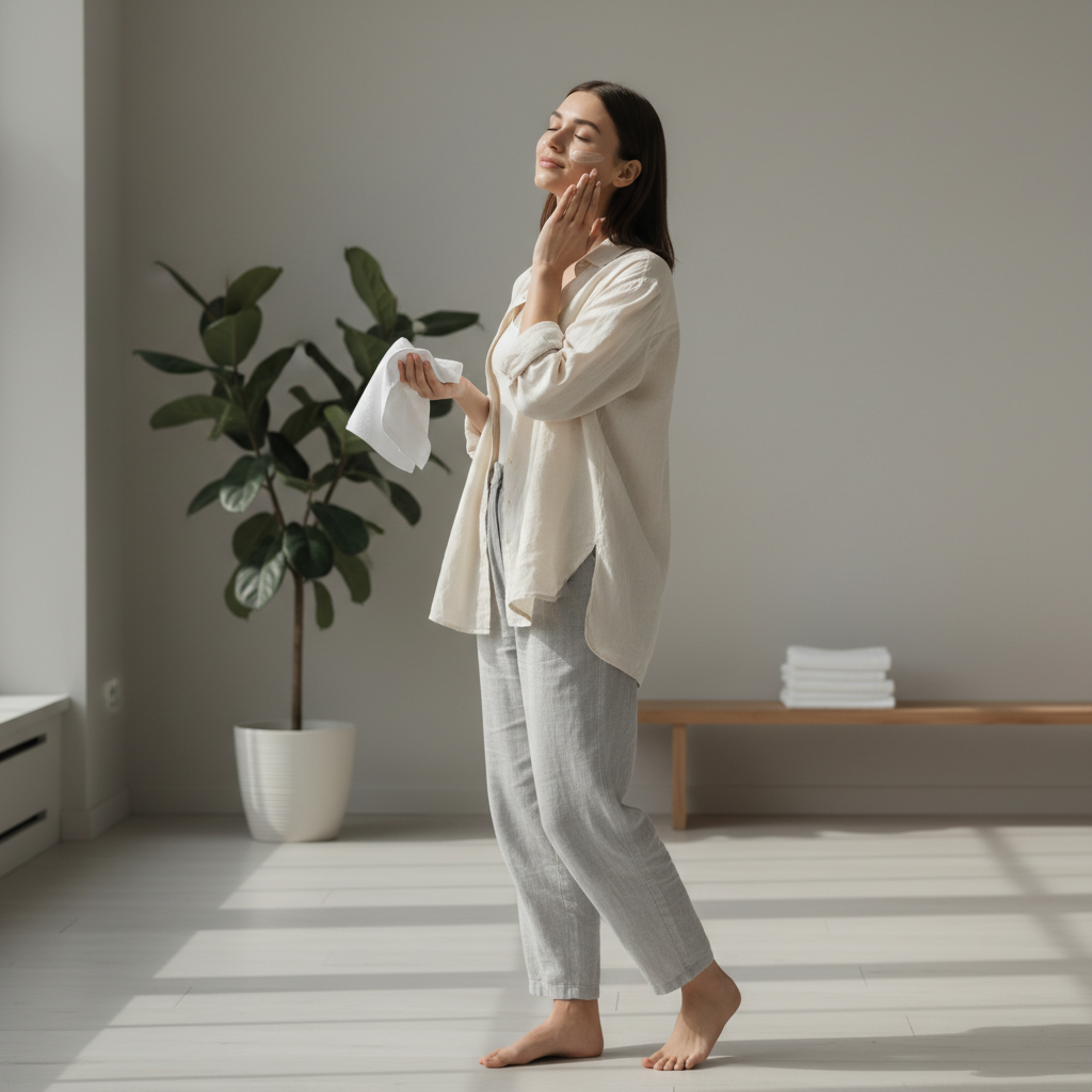 一位女性在明亮的室內環境中，輕輕塗抹護膚油，面帶愉悅的微笑，身旁有盆栽與整理好的毛巾，展現舒適的護膚氛圍，適合進行頭皮護理及全身美容護膚。